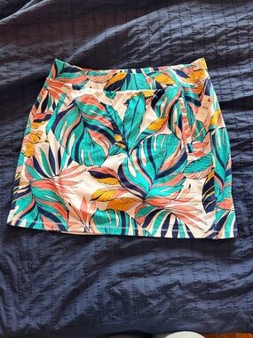 Talbots Tropical Leaf Mini Skirt - White with Teal, Coral, Navy & Yellow